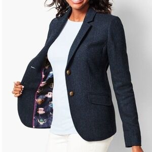 Talbots Aberdeen Navy Blue Wool Blend Herringbone Tweed Blazer Jacket Size 4P